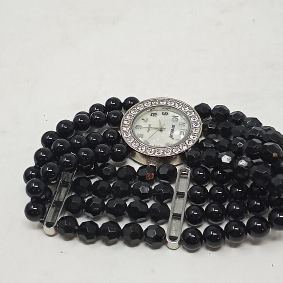 Avenue Womens Black 4 Strand Bead Bracelet Watch Mother of Pearl Face - Picture 4 of 10